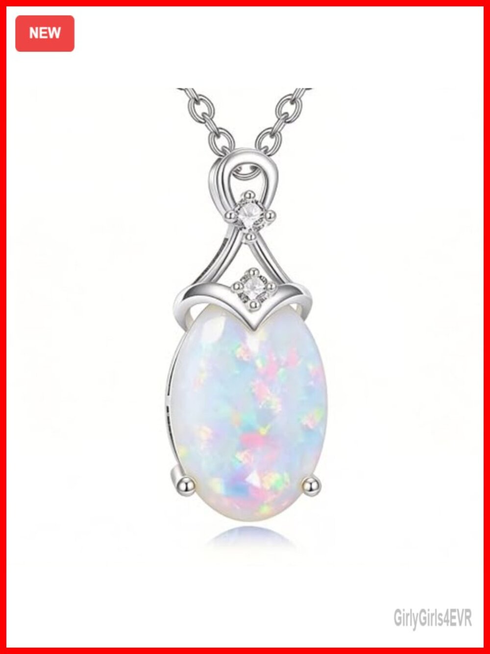 14k White Gold Created Opal & Lab Diamond Oval Pendant Necklace for Women